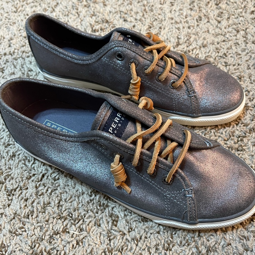 Sperry slip on granite metallic, brand new